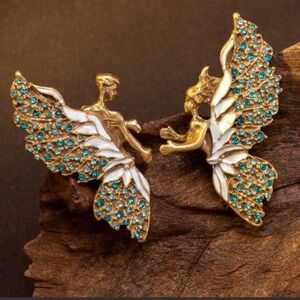 Gold-tone Fairy Wing Stud Earrings with Teal Crystals/ STATEMENT EARRINGS
